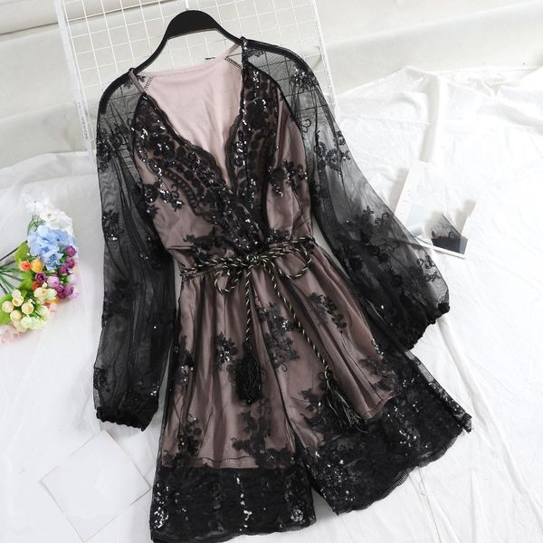 

women embroidery long sleeve sequined rompers v-neck short jumpsuit solid chic high waist sashes party overalls, Black;white
