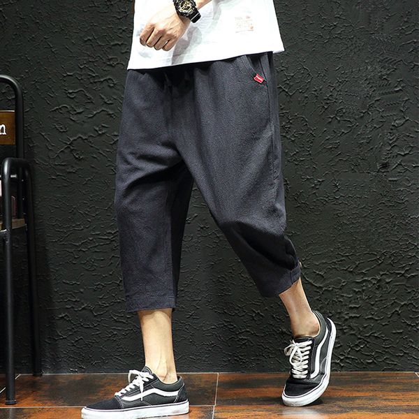 

harem pants men casual elastic waist linen capri wide leg baggy trousers, Black