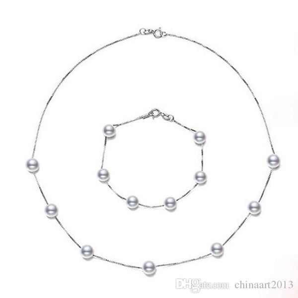 

7-8 мм 100% натуральный пресноводный жемчуг комплект ювелирных изделий для женщин браслет и ожерелье набор подарок стерлингового серебра 925, Silver