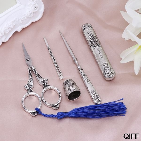 

wholesale 1 set vintage embroidery scissor needle case sewing thimble awl needlework tools may06, Black