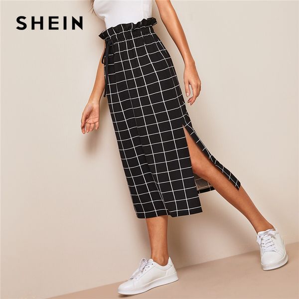 

shein paperbag waist split side grid skirt casual women high waist drawstring summer skirt basic black plaid shift