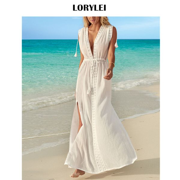 

elegant greece style sleeveless side split plunging neck white cotton beach dress women robe tunic swimwear cover up n637
