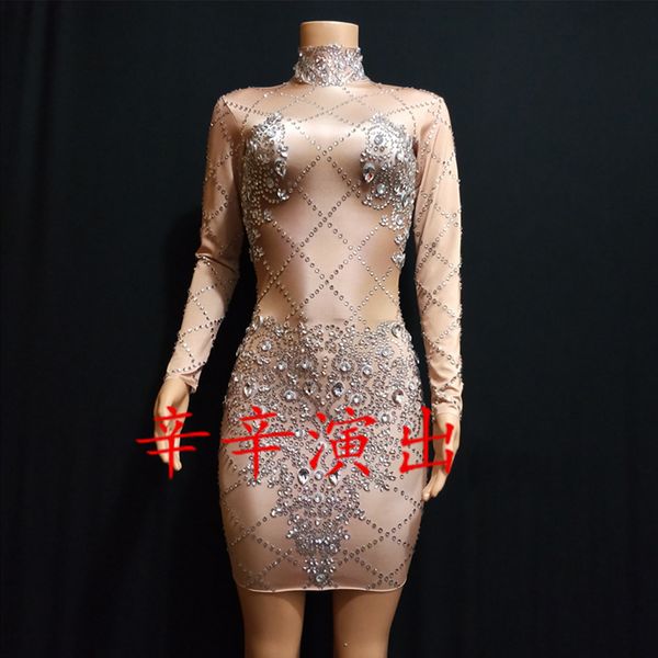 

bright rhinestones long sleeve nude dress silver stones women dress nightclub dance wear women's birthday party outfit dwy1369, Black;red