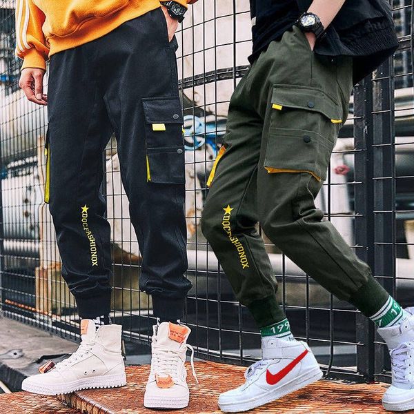 

streetwear black harem pants men elastic waist punk pants with ribbons casual slim jogger men hip hop trousers