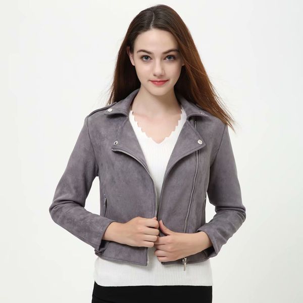 

klacwaya 2019 autumn women faux suede leather biker jackets long sleeve zipper suede coat streetwear gray autumn outfit, Black