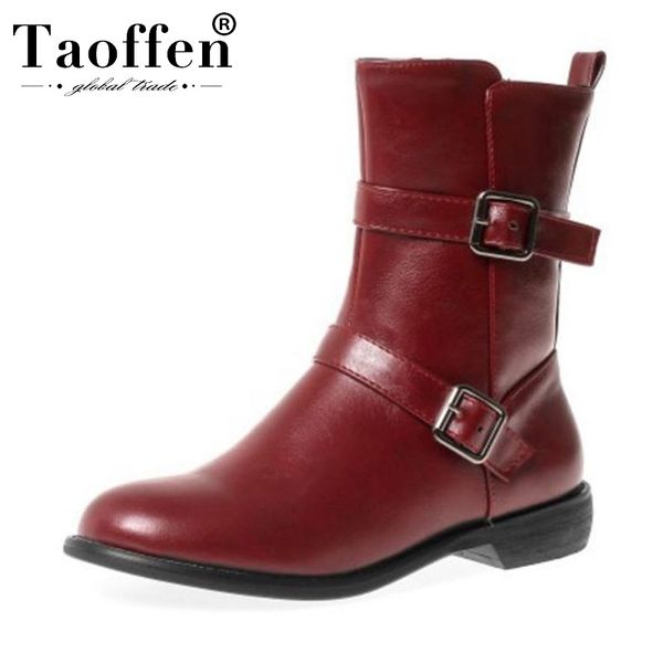 

taoffen plus size 33-46 woman pu leather ankle boots buckle zipper winter flats boots casual daily shies woman footwear, Black