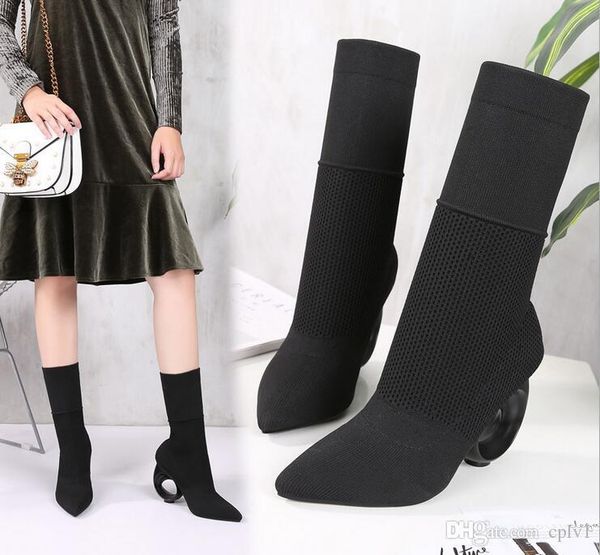 

2020 new elastic socks boots pointed mesh hollow heels middle ladies'high-heeled boots autumn and winter style black wedding boots