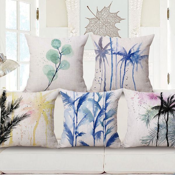 

18" home cotton linen waist cushion pillow case cover watercolour coconut palm soft sofa room decor gifts single sides printing