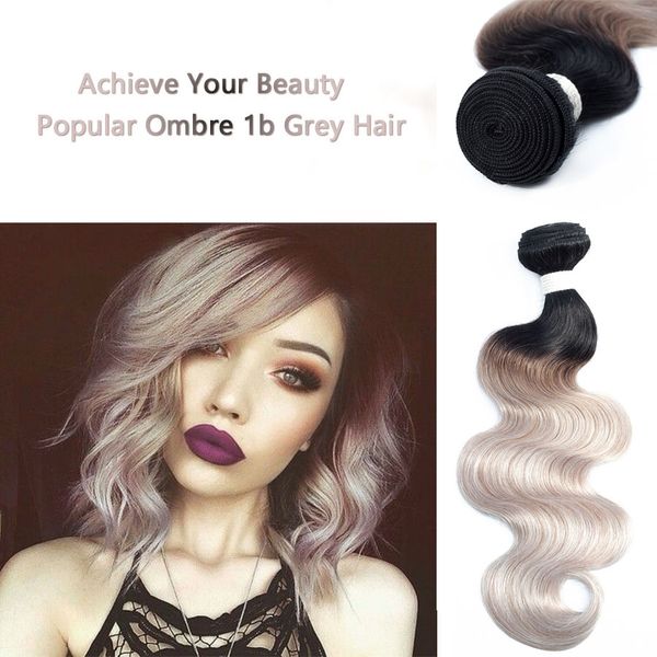 

kisshair 1b white light grey ombre bundles with closure colored brazilian hair extension body wave human hair 2/3 bundles with lace closure, Black