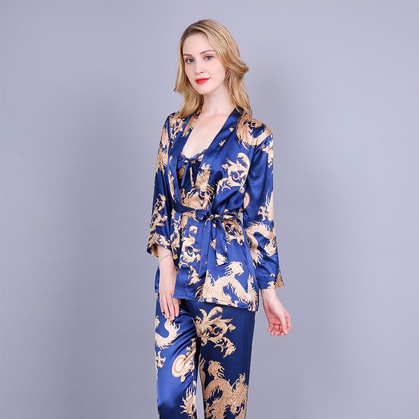 

3 piece printing dragon pajama set silk night wear pijama suit bathrobe women lingerie pyjama bride robe satin kimono robe femme, Blue;gray