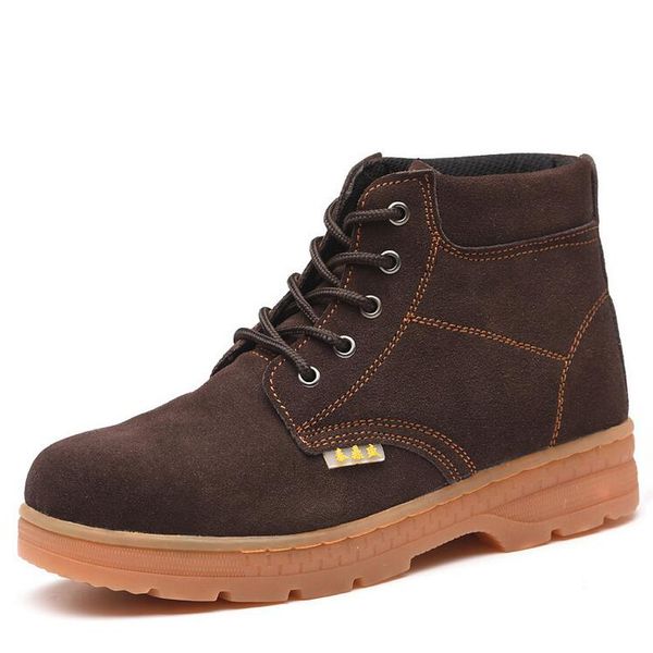 

puimentiua leather men boots winter shoes men ankle boot men's snow work boots steel toe warm with plush fur safety shoes, Black