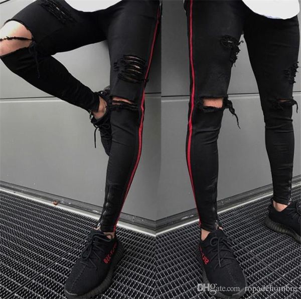 

hole mens designer jeans slim zipper fly mid waist skinny jeans fashion casual mens designer pants, Blue