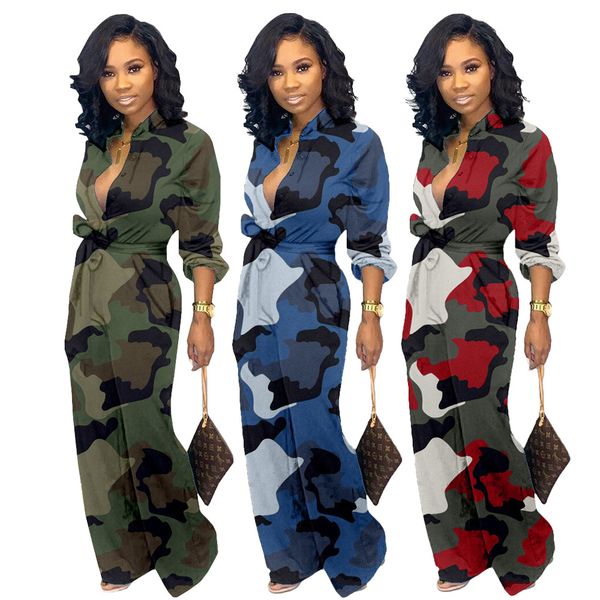 

women long sleeves single breast buttons camouflage print casual club party pockets wide legs belted jumpsuit rompers, Black;white