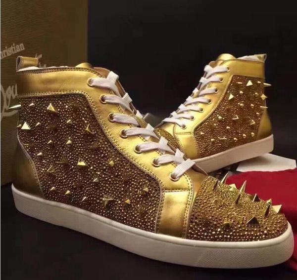 

new arrival casual man woman sneaker fashion spikes rhinestone junior red bottom gold silver wedding sneaker designer shoes drop shipping, Black