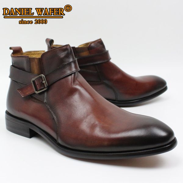 

luxury design leather shoes men boots high grade genuine leather men ankle boots buckle strap brown black shoes basic