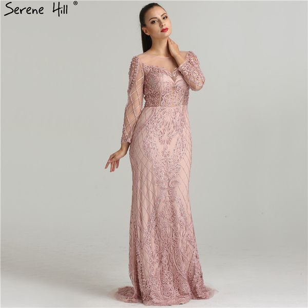 

real p pink mermaid evening gowns 2019 long sleeves pearls crystal fashion elegant formal evening dress la6274, White;black