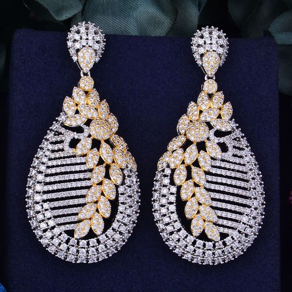 

godki 63mm flower leaf luxury trendy full mirco cubic zirconia setting naija wedding women earring fashion jewelry, Silver