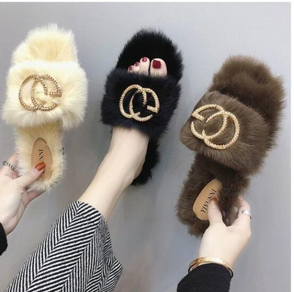 

autumn winter women slippers flat plush shoes fashion ladies flip flops casual fluffy faux fur plush slippers shoes, Black