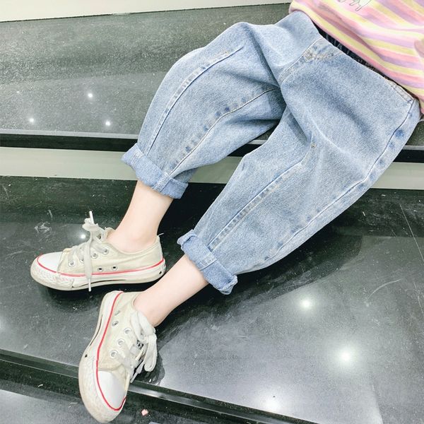 

2020 small and medium-sized autumn clothing girls jeans pants children's panty ' children's pants pocket slim fashion jeans, Blue