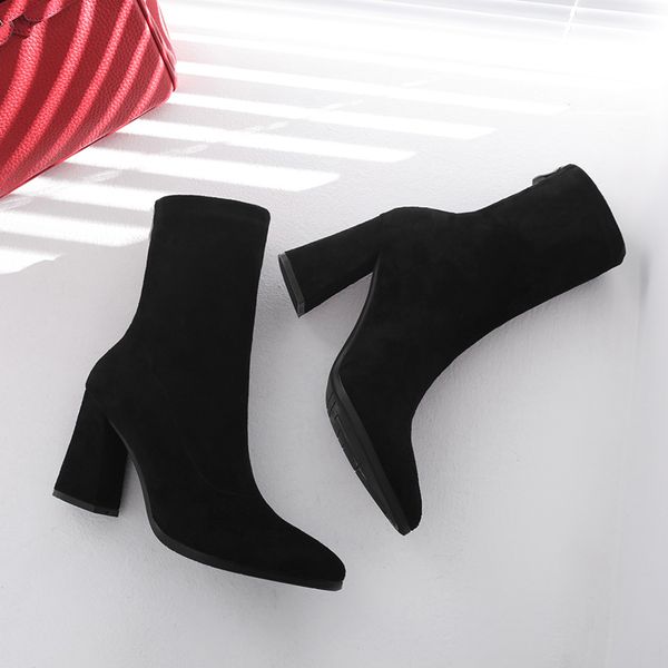 

fashion women ankle boots thick heels autumn shoes female pointed toe ladies shoe martin boot woman, Black