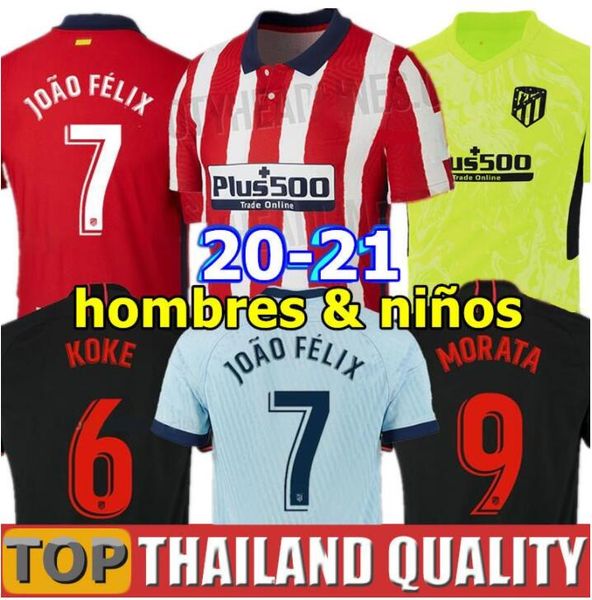 

thai 20 21 atletico madrid soccer jerseys joao felix lucas costa koke saul gimenez football shirt set men kids kit uniforms, Black