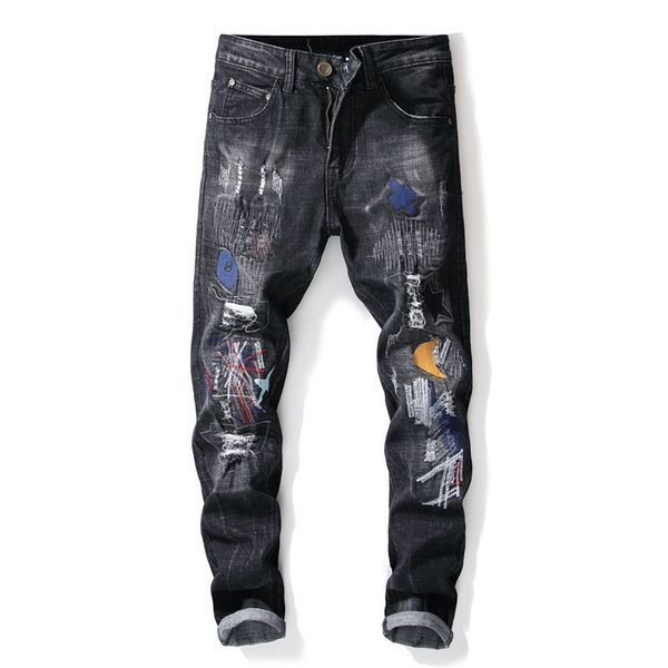 

fashion men's ripped patched jeans black distressed denim trousers with patches torn jean pants patchwork size 29-38, Blue