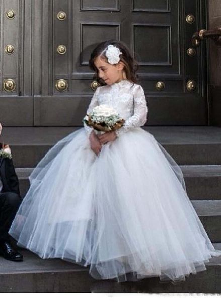 

2019 latest lovely white lace long sleeve flower girls dresses jewel neck ruffle skirt ball gown kids formal wear party gowns, White;blue