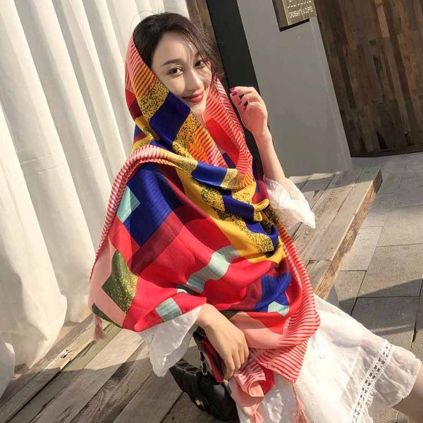 

summer cotton and linen national wind travel silk scarf holiday sunscreen air conditioning large shawl female beach towel, Blue;gray