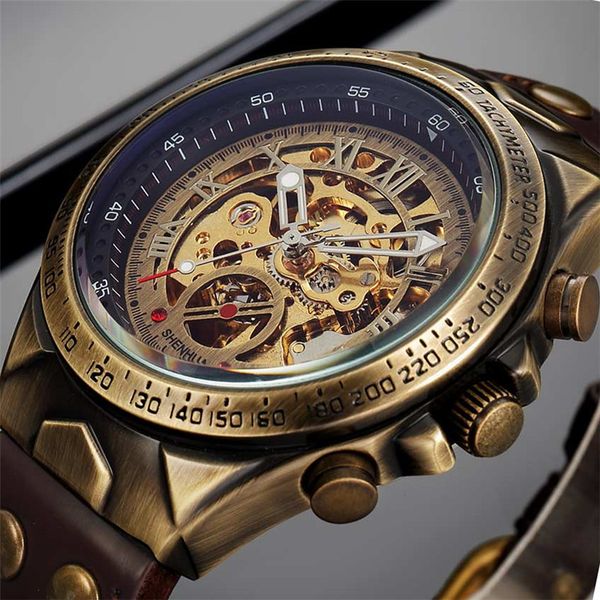 

men watch skeleton automatic mechanical male clock brand luxury retro bronze sport military wristwatch relogio masculino j190705, Slivery;brown