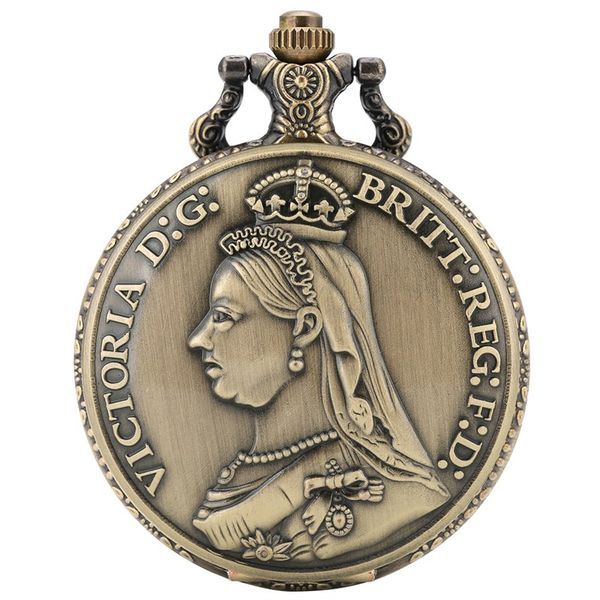 

fashion queen victoria pattern pocket watch men retro bronze quartz fob watch women classic alloy necklace pendant watches, Slivery;golden