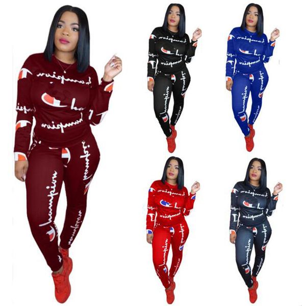 

women champion tracksuit long sleeve t shirt + pants leggings two piece set letter print hoodie outfits casual sports suit clothing ins, White