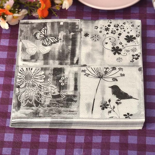 

20 vintage napkin paper tissue decoupage black white gray flower birthday wedding party handkerchief home decor servilletas