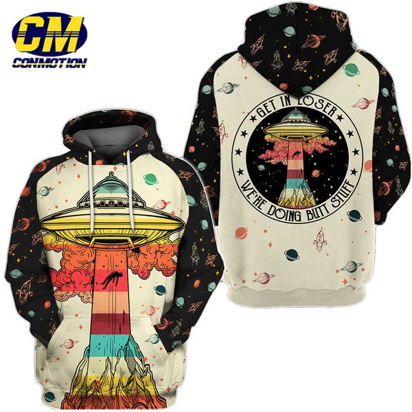 

ufo printed fun 3d hooded sweatshirt, Black