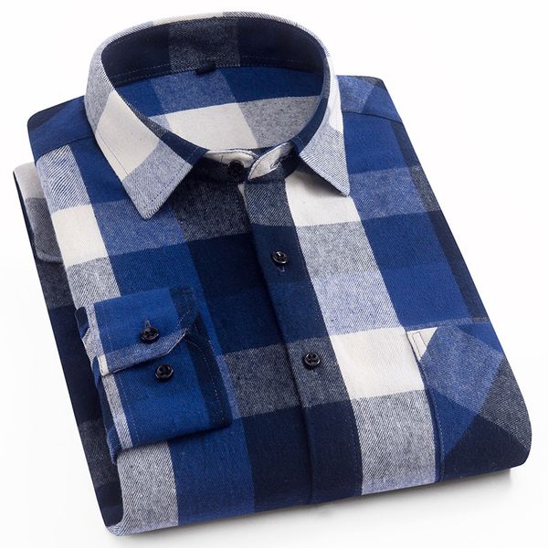 

men's brushed flannel long sleeve shirt single patch pocket colorful bold plaid checked pattern&100% cotton work or dress shirts, White;black