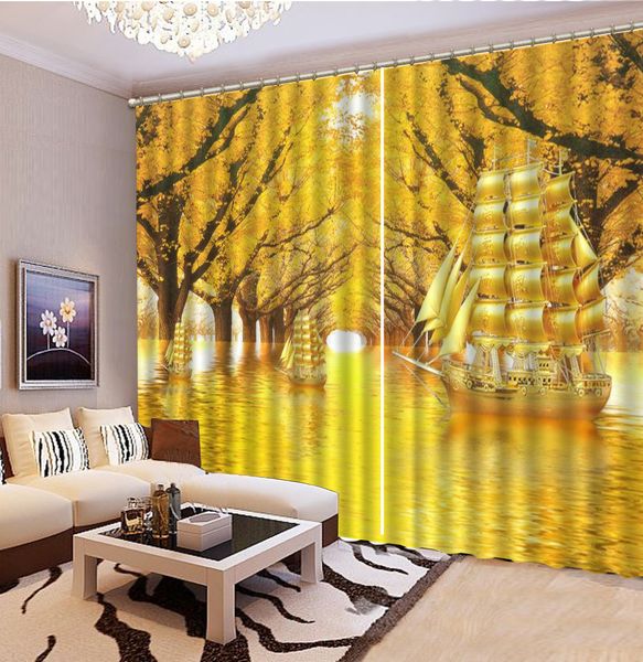 Vorhang 3D Fantasy Herbst Goldene Segelboot Reise 3D Landschaft Vorhang Dekoration Innen Hochwertige Vorhänge