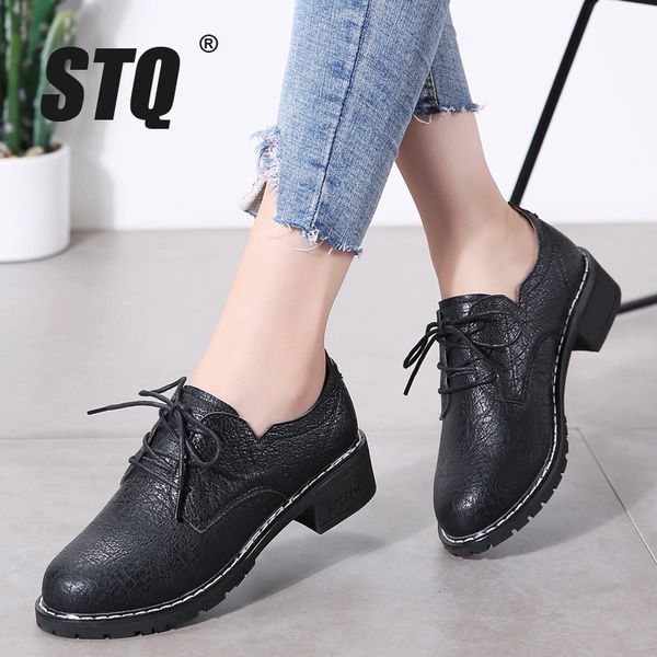 

stq women flats oxfords shoes genuine leather women loafers shoes ladies lace up sneakers winter lsj1208, Black