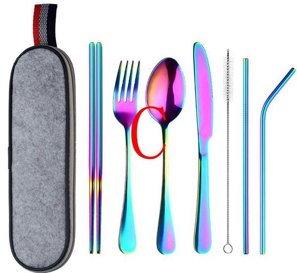

5set portable flatware set reusable stainless steel fork, knife, spoon, chopsticks, juice straw and cleaning brush
