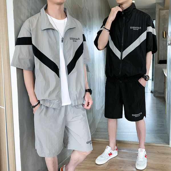 

aiopeson summer new suit mens jacket jacket bottoms shorts fashion contrast color stitching trend street mens suit sunscreen, Gray