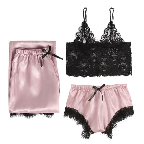 

3 шт комплект 2020 лето кружева домашняя одежда женщины нижнее белье женщины пижамы шелковые пижамы сексуальная грудь pad пижамы #4, Black;red