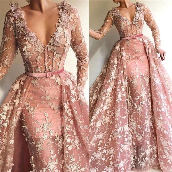 

dust pink long sleeve evening dresses with detachable skirt appliques dubai saudi arabic long elegant evening gowns for women, White;black