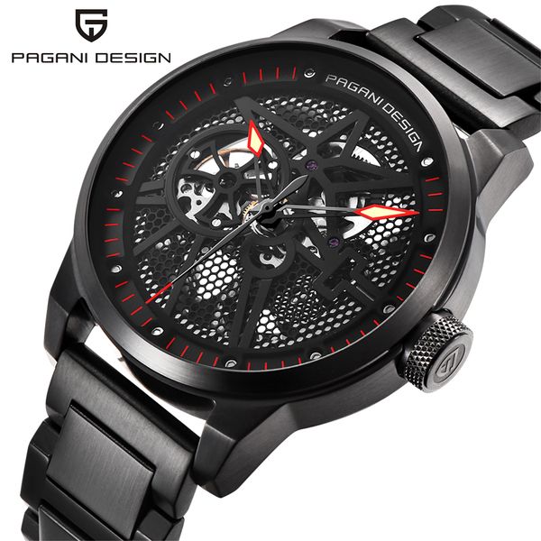 

2019 pagani design men's classic stainless steel mechanical watches waterproof mens watches luxury hollow automatic watch, Slivery;brown