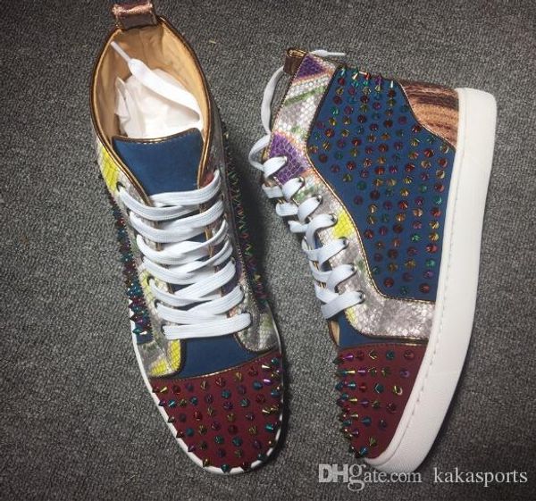 

luxury wedding party dress men sneakers red bottom python with colors spikes outwear fashion skate walking trainer, Black