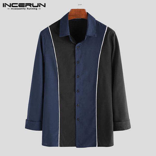 

korean style men patchwork long sleeve lapel casual shirt fashion street trend joker comfort slim button mens blouse incerun, White;black