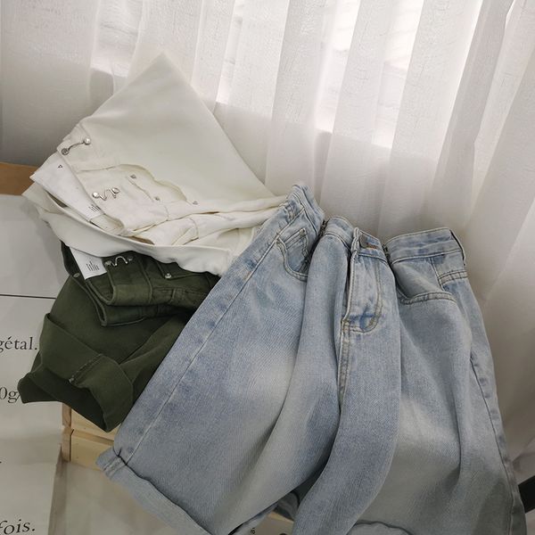 

2020 plus size high waist knee length jeans loose korean style streetwear wide leg bottom blue green white female shorts