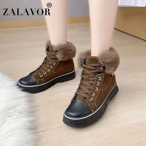 

zalavor women ankle boots winter keep warm fur flats shoes women casual lace up round toe fashion party short boots size 35-39, Black