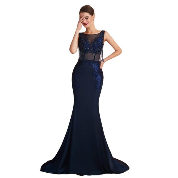 

adln navy blue mermaid evening dresses scoop neck sleeveless beading applique backless prom dress party gowns, White;black