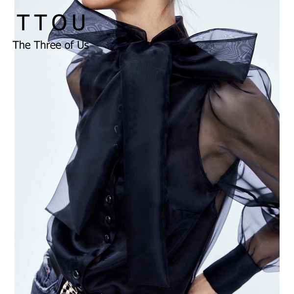 

ttou women vintage transparent bow tied collar casual black organza blouse shirt women business feminina blusas chic, White