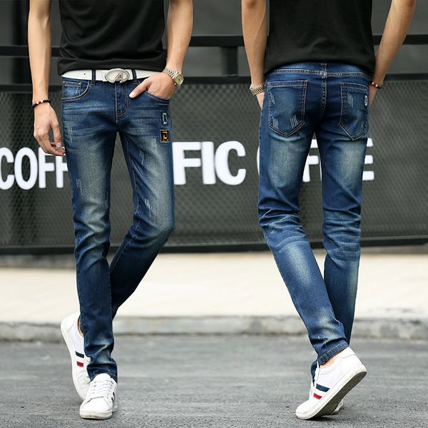 

men's jeans 2021 brand spring men mid waist ripped denim pants fashion embroidered straight, Blue