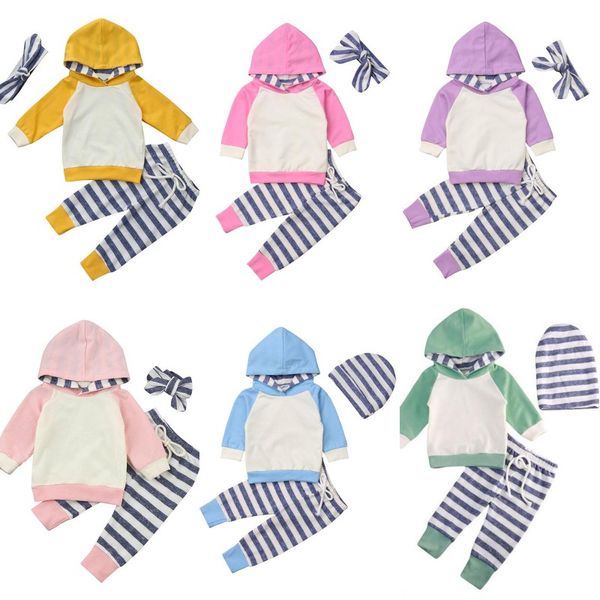 

cute infant baby boy girl clothes sets hooded long sleeve + stripe pants 3pcs spring autumn outfit tracksuit set, White
