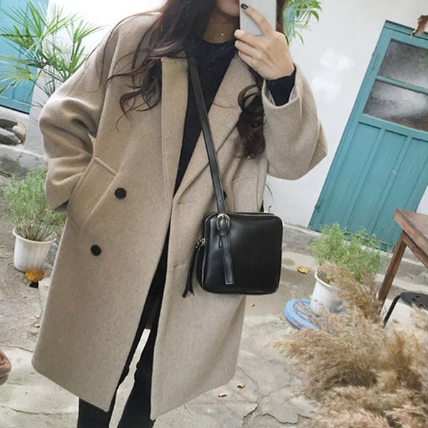 

wool blend coat women autumn elegant turn-down collar long sleeve womens coats casual double-pockets women's winter coat, Black
